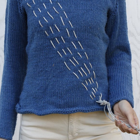 Vintage Mock Turtleneck Wool Sweater with Iridescent Leather Accent - Picture 5 of 12